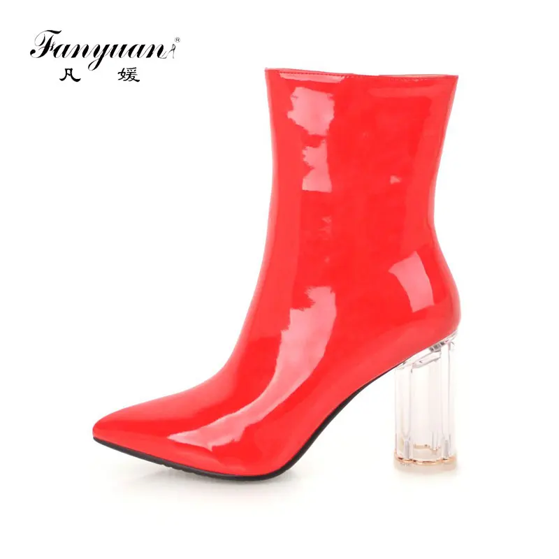 

Fanyuan Fashion Short Plush Women Boots Pointed Toe Microfiber Boots Solid Zipper Mid-Calf Boots Crystal Round Heel Knight boots