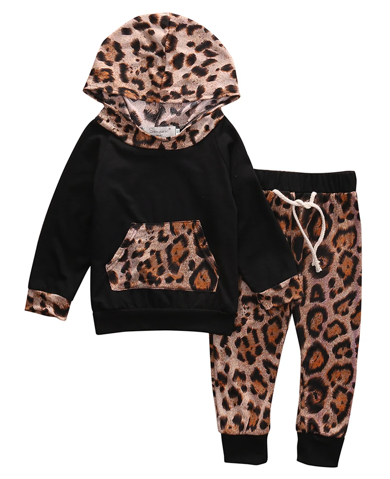 

New Casual 2PCS Kid Baby Boys Girls Clothes Leopard Pullover Hooded Coat + Pants Set Clothes Outfit