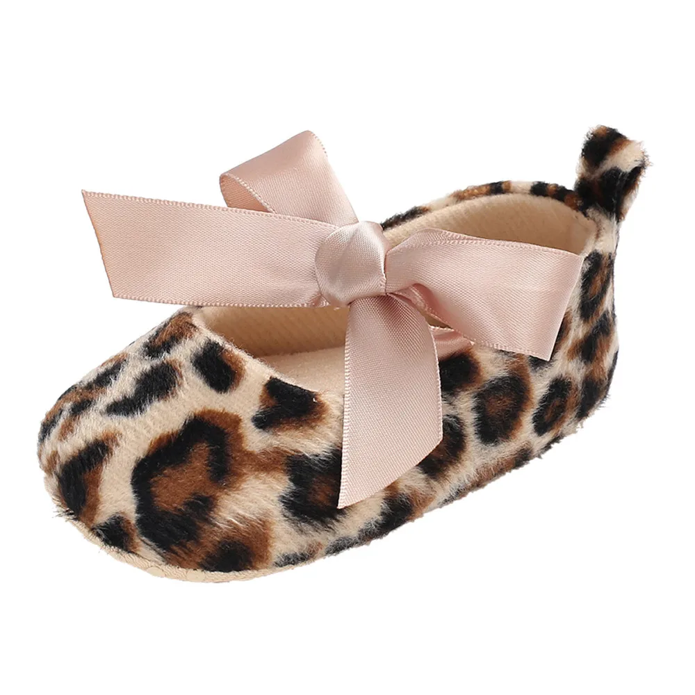 

Girls'leopard-print walking shoes bow-tied baby soft soles coffee-colored fluffy top comfortable first Walker in summer #YL5