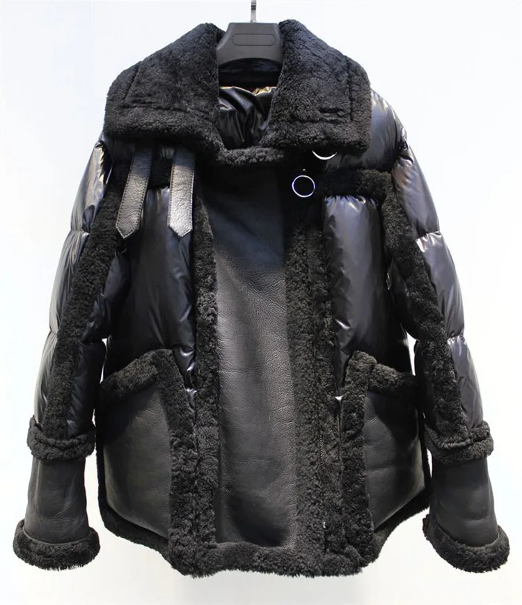 Привлекательный дизайн, зимнее стильное пальто трапециевидной формы с отворотом из мериносовой овчины, кожаная куртка из натурального меха, Женское пальто, пуховик