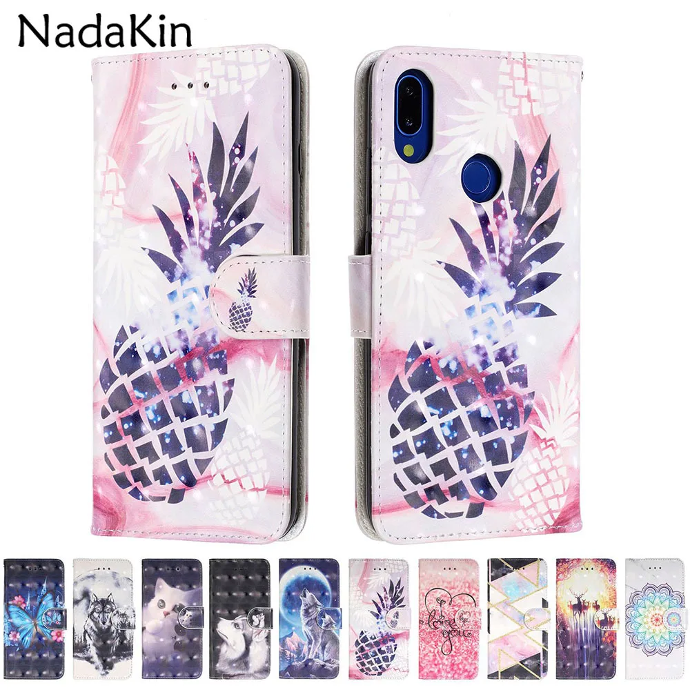 

3D Vision Painted Vision Book Phone Shell Case for Xiaomi Redmi Note 7 Pro Stylish Leather Flip Wallet Cover With Strap