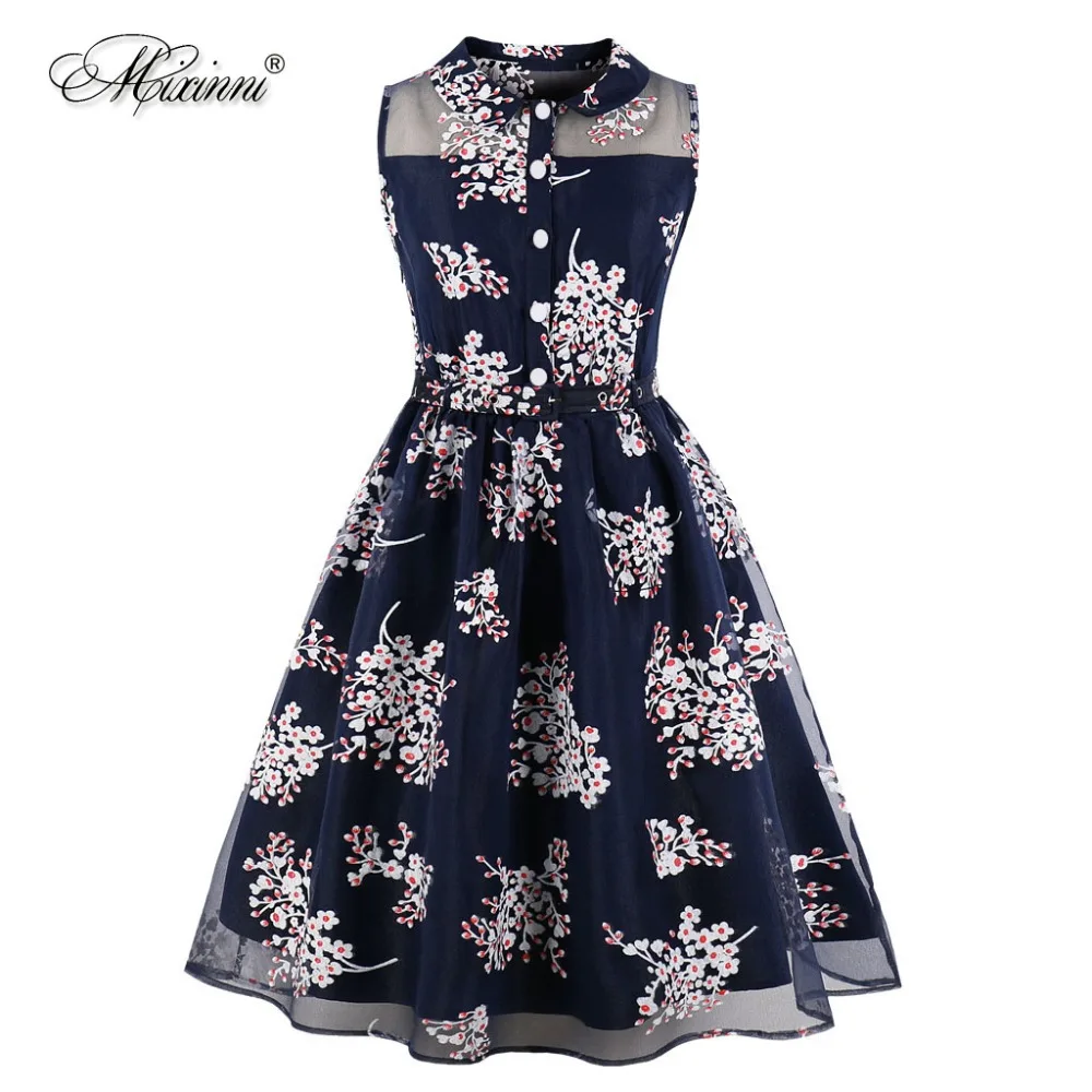 

MIXINNI 2018 50s 60s Printed Vintage Mesh stitching Turn-down Collar Dress Slim Waist Vestidos Mujer Plus Size Elegant Women