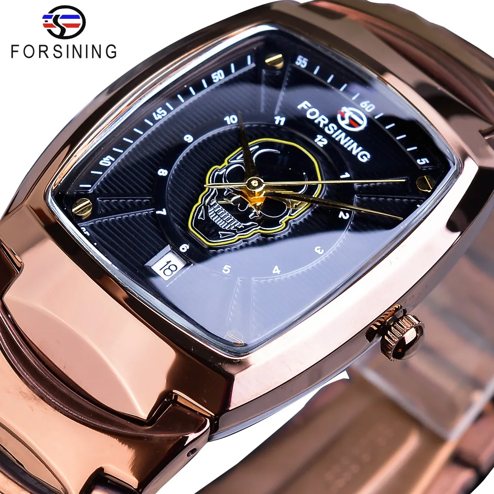 

Forsining Creative Rose Gold Skull Quartz Watch Black Men Date Stainless Steel Clock Rectangle Dial Wristwatch Relogio Masculino