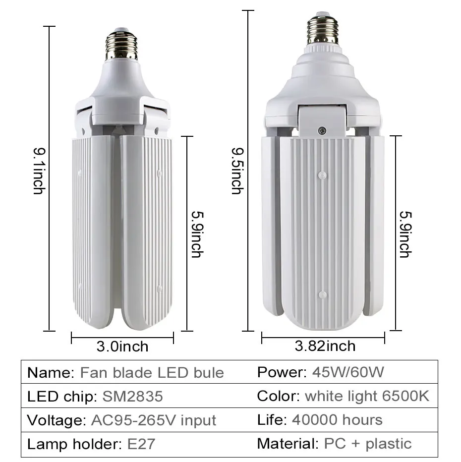 45 Вт 60 Вт E27 Светодиодный светильник 85-265 в 4500lm/6000лм светодиодный светильник супер яркий складной Вентилятор лезвие ла