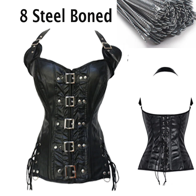 Черные готические корсеты и бюстье искусственная кожа Overbust Талия тренажер