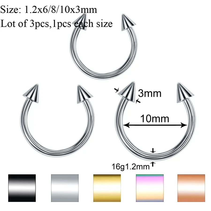 3 шт./лот Сталь сегмент кольцо уха пирсинг носа кольцо, набор для бровей, пирсинг для уха кольцо плененное кольцо тела ювелирные изделия-пирсинг в партии - Окраска металла: Horseshoe Spike