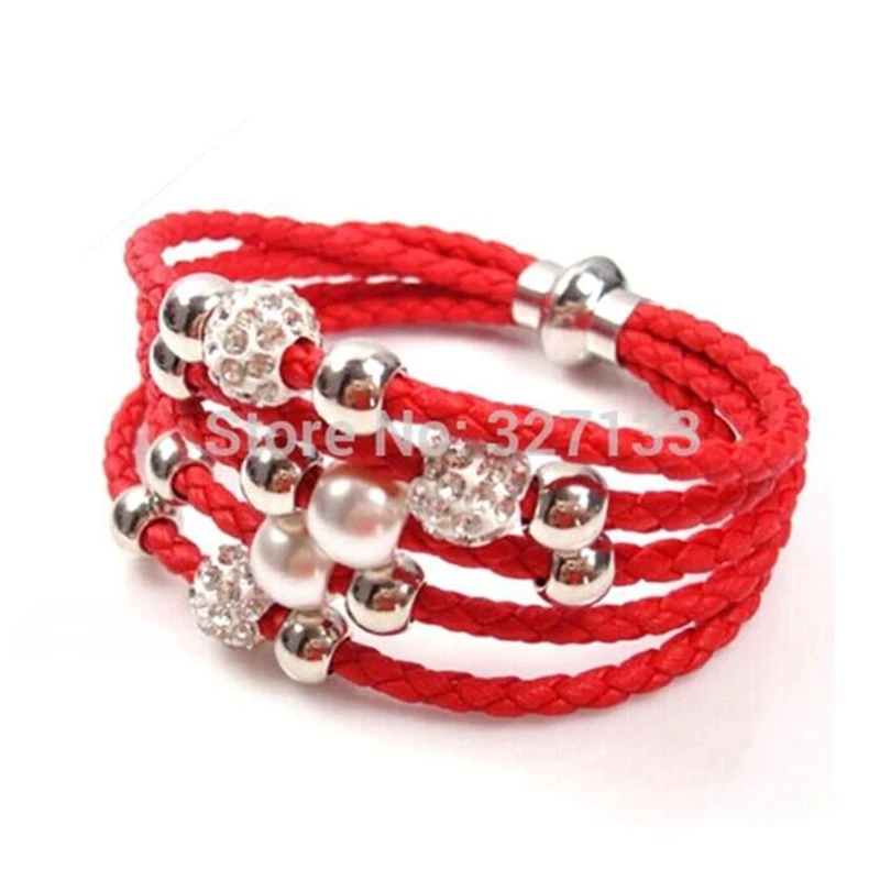 

New Fashion Jewelry 10pcs Red Leather Braided Rope Rhinestone Beads Hand Charm Magnetic Bracelets 18cm S5507
