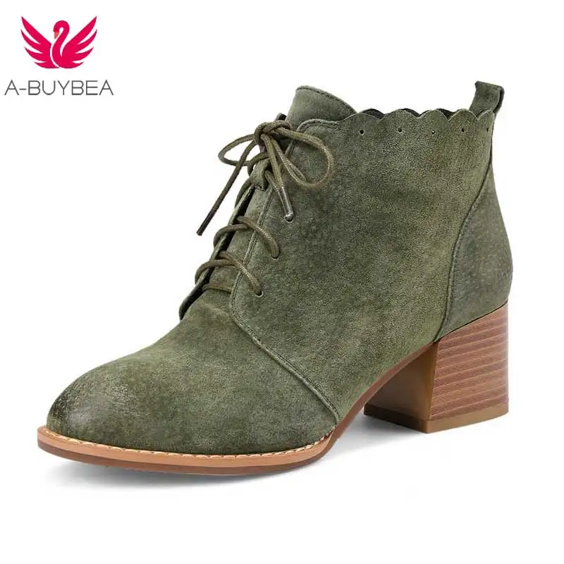 

Women Casual Nubuck Genuine Leather Mid Heel Ankle Boots Shoes Ladies Lace up Footwear Female Round Toe Booties Shoes New Oxford