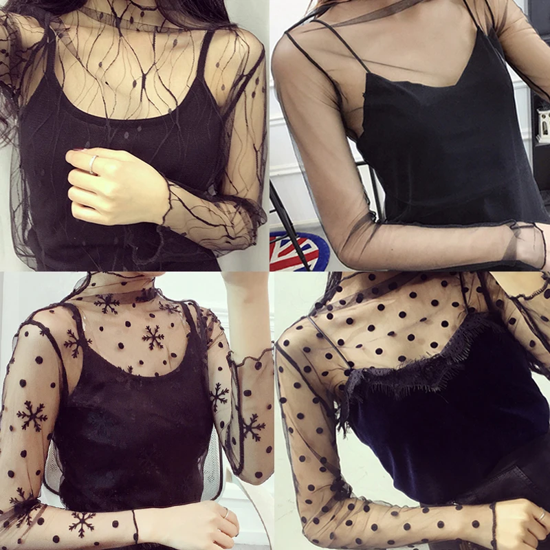 

Fashion Mesh Women Long Sleeve Tops Sexy Fishnet Transparent High Neck Black Lace Bottoming Shirts Punk T-Shirt