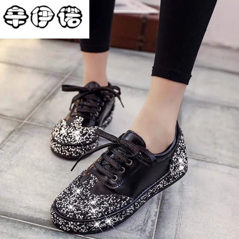 

Women Casual Shoes Leather Do Old Dirty Shoes Mixed Color Women Shiny Brilliant Sequins Fashion Star Lace-up Comfortable Shoes