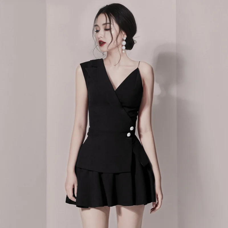HAMALIEL летний женский черный комплект из 2 предметов шикарный черный бисер сексуальный Холтер V шеи рубашка Топы+ Высокая талия мини бальное платье юбка костюмы