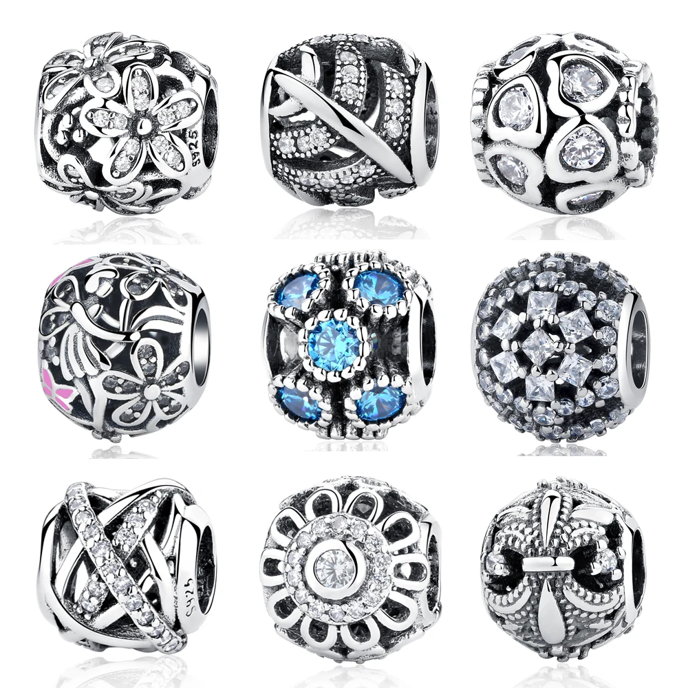 

S925 Sterling Silver Original Daisy Meadow Clear Blue CZ Flower Leaf Star Charm Beads Fit Bracelets & Bangle DIY Jewelry