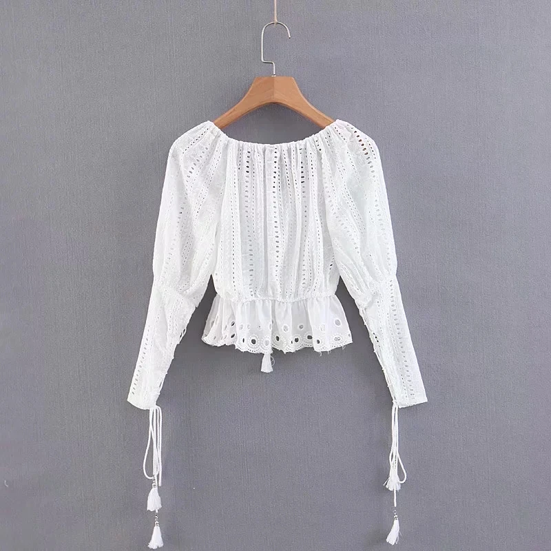 Sexy crop top Korean fashion lace up white blouse summer ruffle shirts casual long sleeve ladies tops women boho clothing