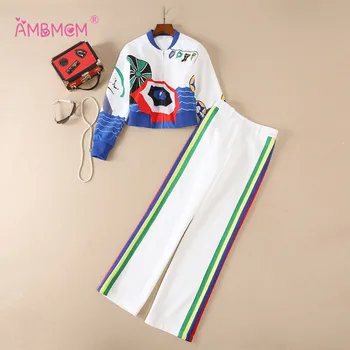 

2019 New Autumn Designer Suit Set Women's Casual Long Sleeve Abstract Geometry Printed Coat + Long Pant Suit Women Set AMBMCM