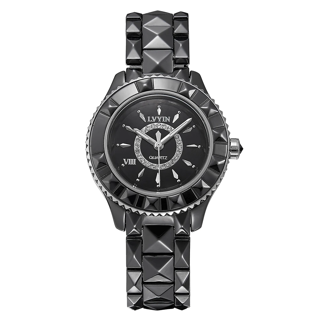 LVYIN керамические парные часы, брендовые роскошные черные часы для влюбленных женщин и мужчин, Relojes Hombre с коробкой, кварцевые часы с календарем 6824