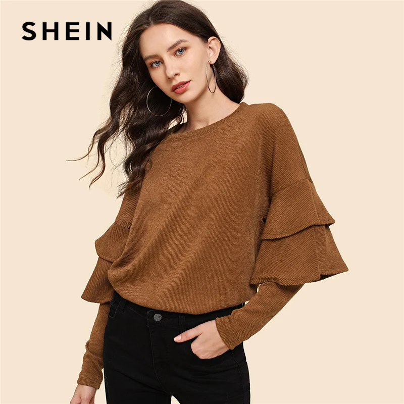 SHEIN Brown Ruffle Detail Tunic Pullovers Casual Round Neck Long Sleeve Sweatshirt Women Autumn