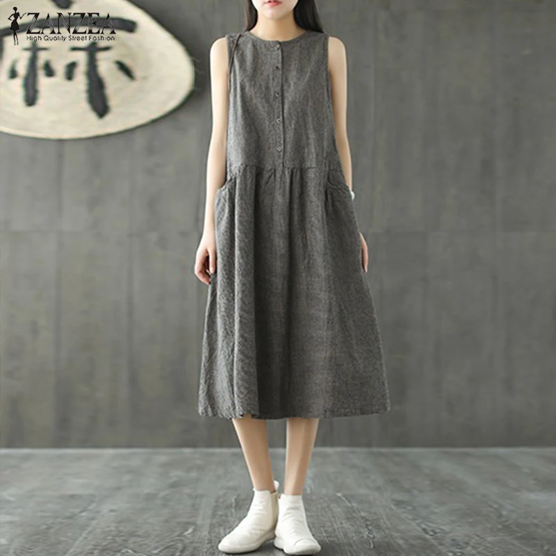 ZANZEA Women Cotton Linen Plaid O neck Dress Summer Casual Mid calf Pleated Dress Sleeveless