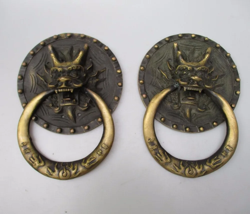 Goede Collectible Home Versierd Ambachten 1 Paar Chinese Handwerk Oude Messing Grote Dragon Deurklopper stijl 0006