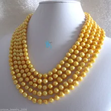 

fine word stunning 100" 7-9mm Golden Freshwater Pearl Necklace Strand Jewelry Women jewelry Wholesale free shipping