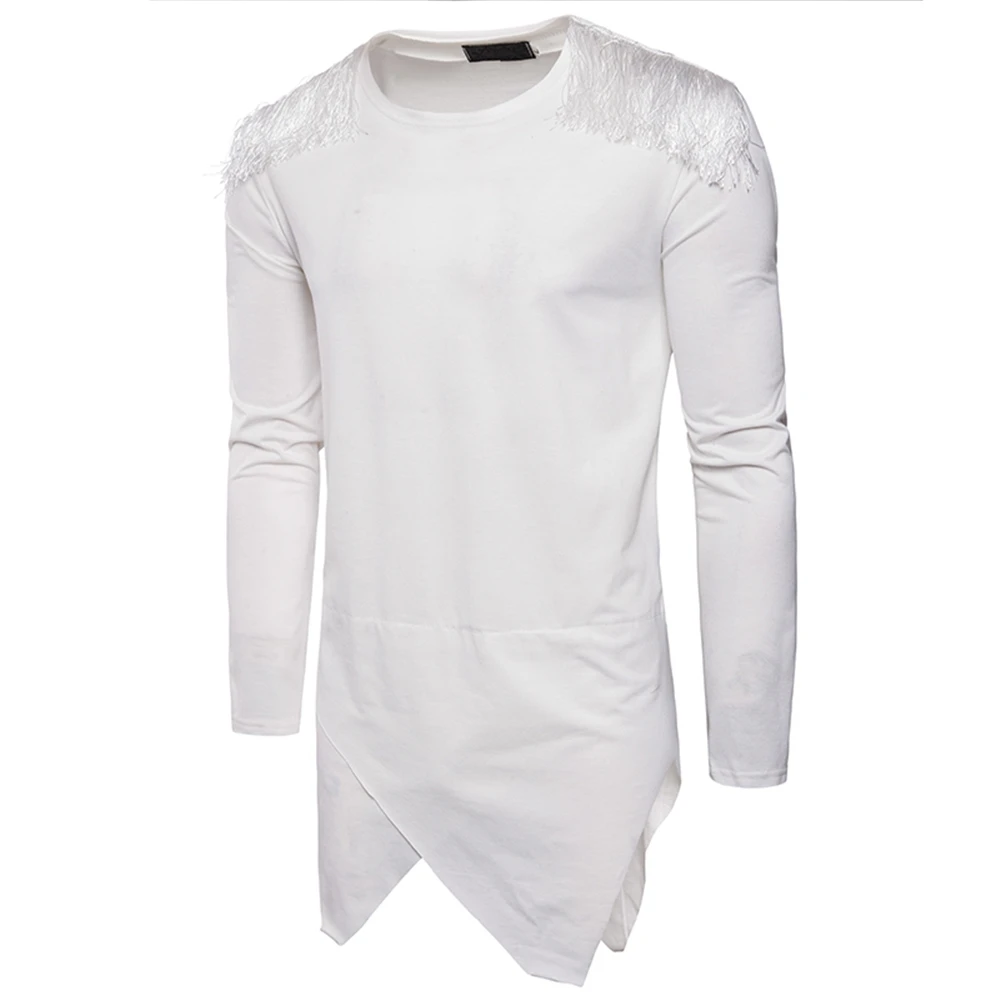 2018 New Mens Hipster Long Sleeve O Neck Hip Hop Longline T Shirts Shoulder Tassels Extended Tees Fashion Urban Clothing | Мужская