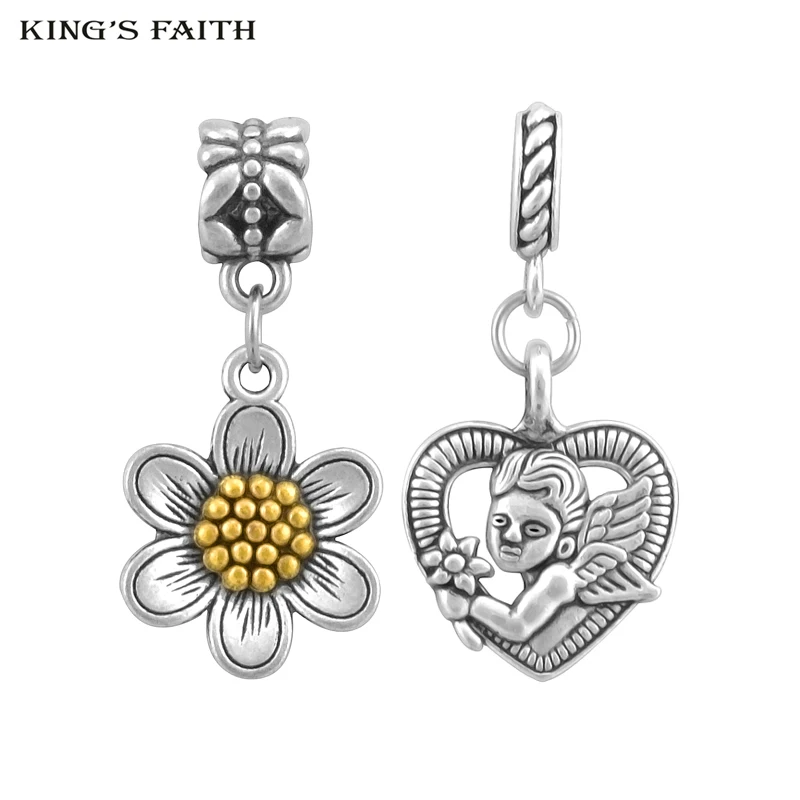 

KING'S FAITH Silver And Gold-Color Flower Heart Angel Pendants Fit pandora Charms Bead Bracelets DIY Jewelry Making SPP162