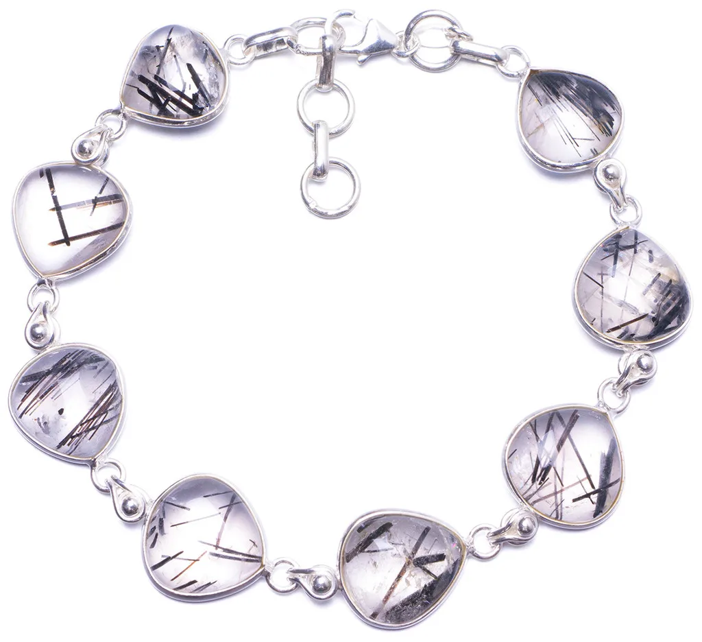 

Natural Tourmalinated Quartz Handmade Unique 925 Sterling Silver Bracelet 7 1/2-8 1/4" Y1387