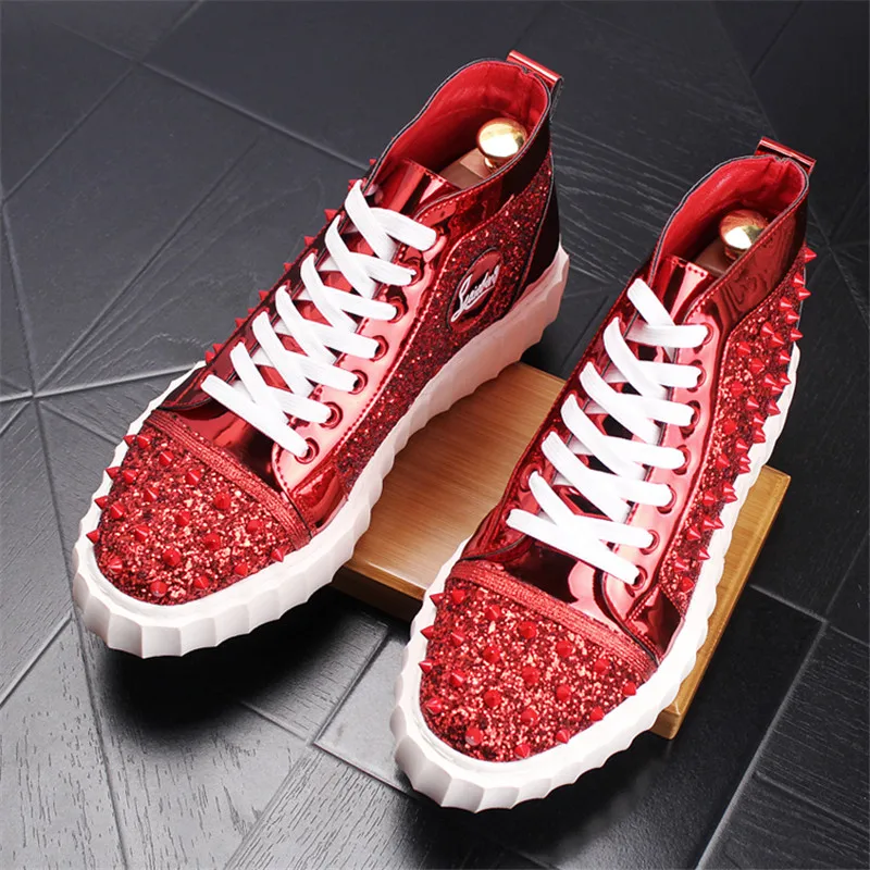 

Fashion Brand Design Mens Shoes Red Spikes High Top Sneakers Male Footwear Lace Up Outdoor Shoe For Men 30D50