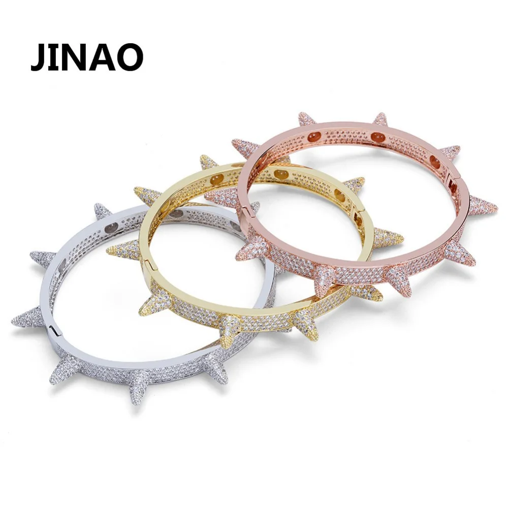 Luxury Iced Out Bling Cubic Zircon Hip Hop Rose Gold Silver Rivet Bracelets Spike Bangles Gifts for Men Women