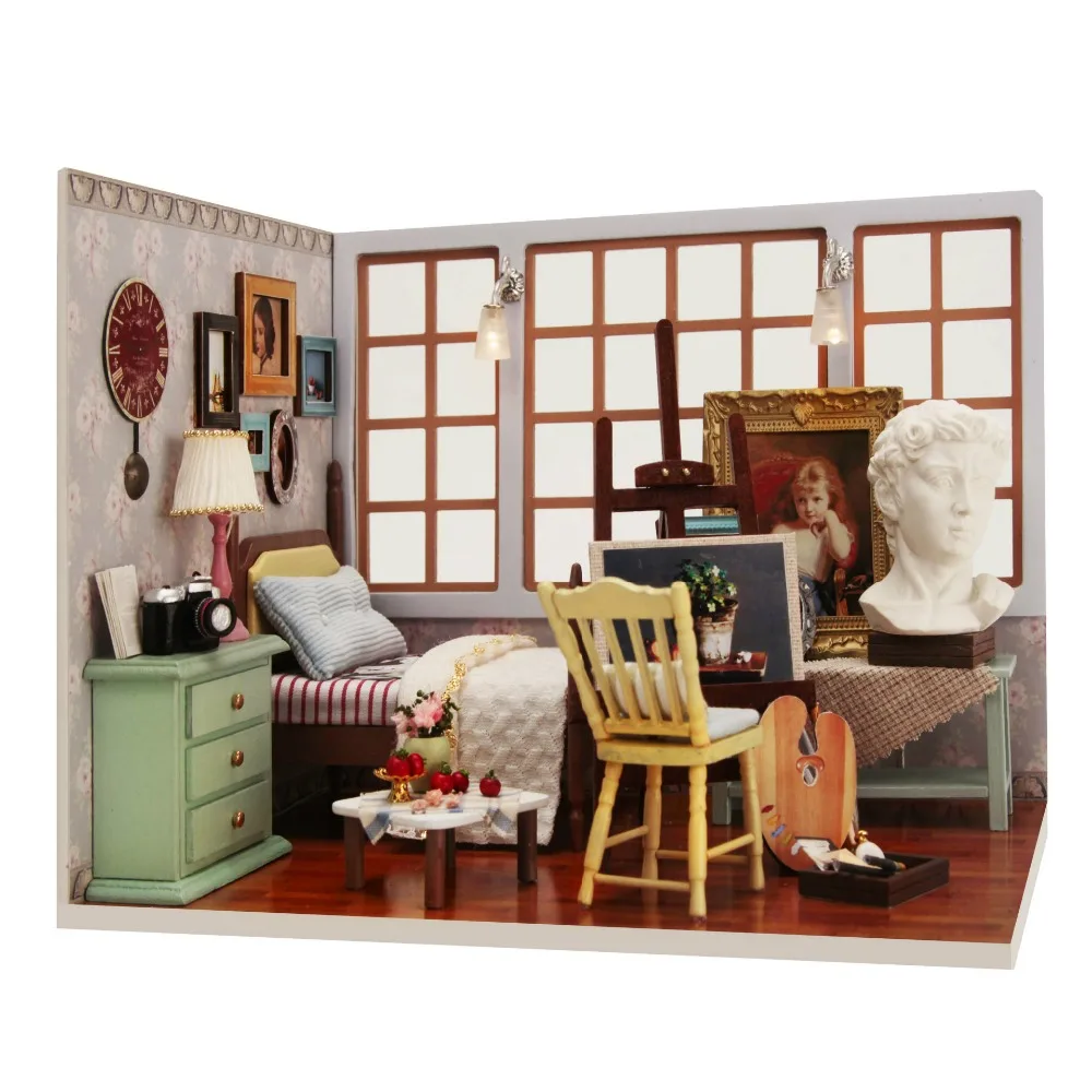 

Best Time Miniature Building Wooden Artist Doll House DIY Dollhouse Painter Room Kids Toys