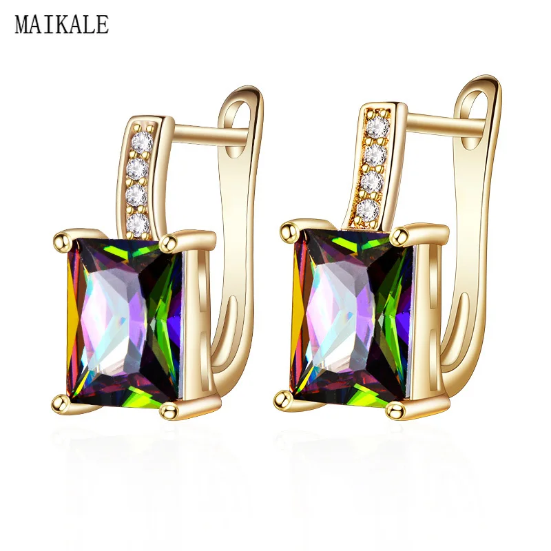 

MAIKALE New Fashion Cubic Zirconia Stud Earrings for Women Gold Copper Alloy Colorful Square CZ Earings Jewelry Brincos Bijoux
