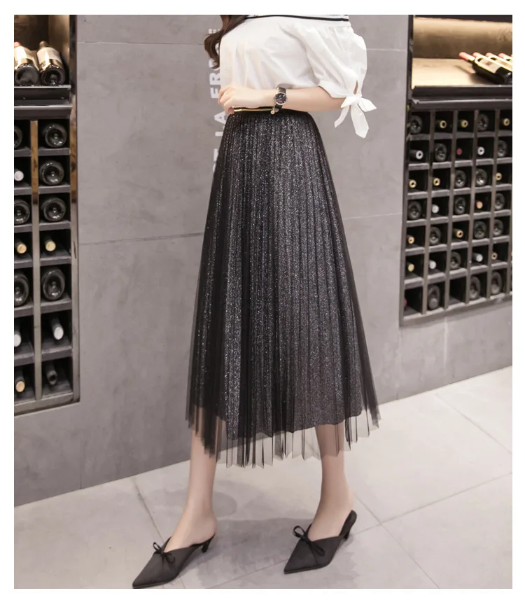 New Pleated Mesh Skirt Female Mid-Length Spring Summer A-Line Slim High Waist Gold Silver Fashion Sequin Ladies Tulle Skirts