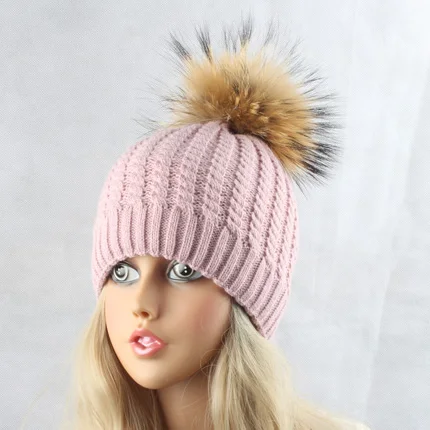 Меховые зимние теплые флисовые шапки с подкладкой для женщин, шапка с помпоном из натурального меха, вязаные шапочки, женская шапка - Цвет: Розовый