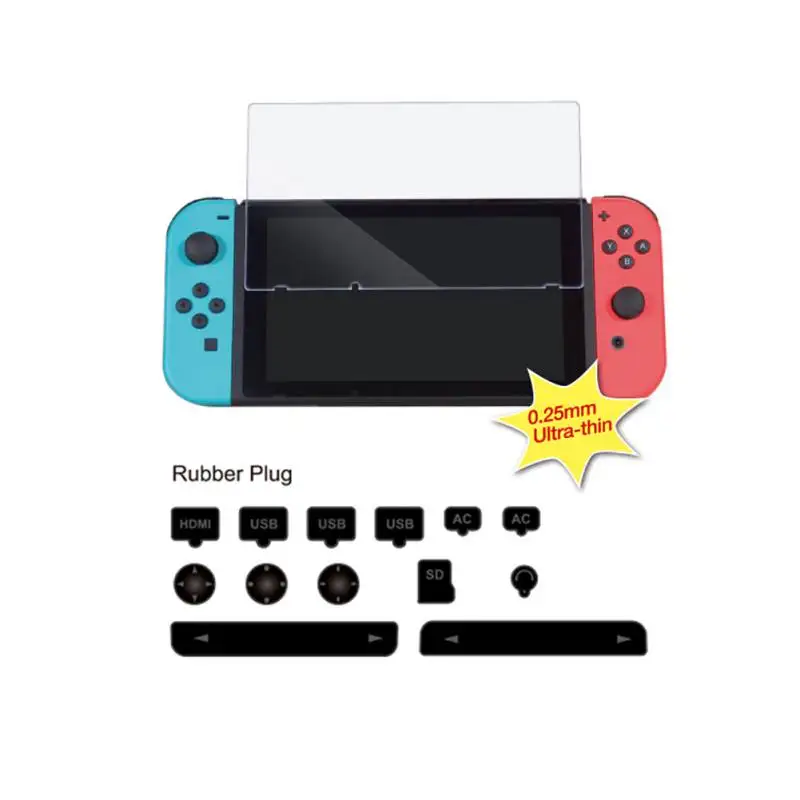 TNS-862 Rubber Dust Plug Set& Tempered Glass Screen Film For Nintendo Switch LN