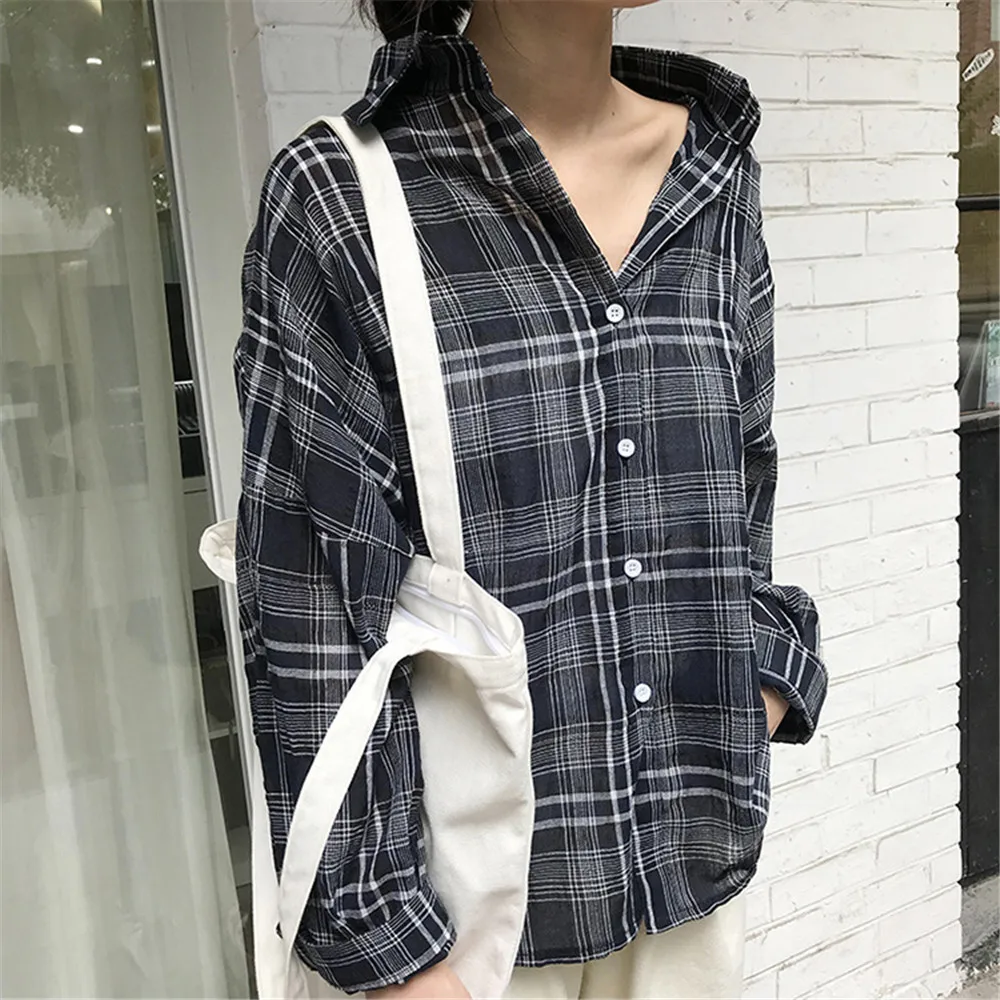  Wide Shoulder Plaid Women Blouses 2018 Autumn Linen Big Chest Plaid Shirts Loose Women Top Blusas Lantern Sleeve Clothing (14)