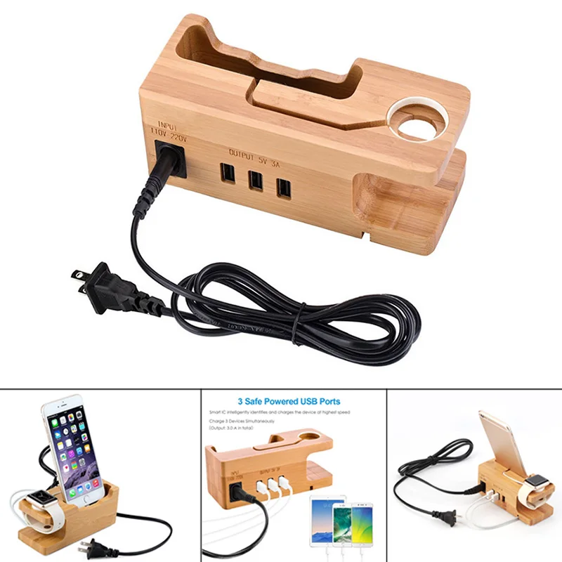 

Wooden Charging Dock Station Bamboo Charger Holder Stand Compatible with iPhone Apple Watch SD998