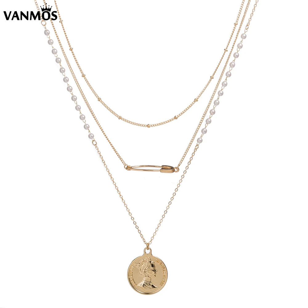 

Vanmos Multi Layer Coin Pin Pendant Necklace Carved Elizabeth Pattern Gold Color Torque Imitation Pearls High Quality Necklace