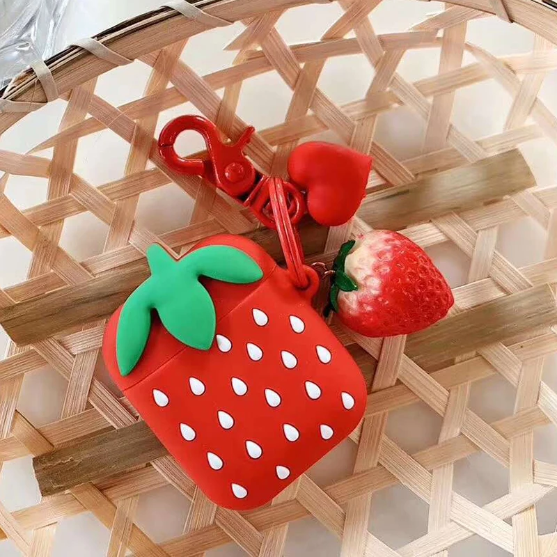 

For AirPods Case Cute Strawberry Silicone Cases Bluetooth Wireless Earphone Cover For Airpods Charging Box with key Ring Strap