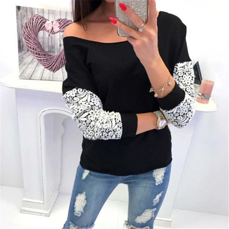 

Casual Women Blouse Autumn Ladies Blouses And Tops Women Lace Blouse Off Shoulder Long Sleeve Blouse Tops Floral Female Shirts