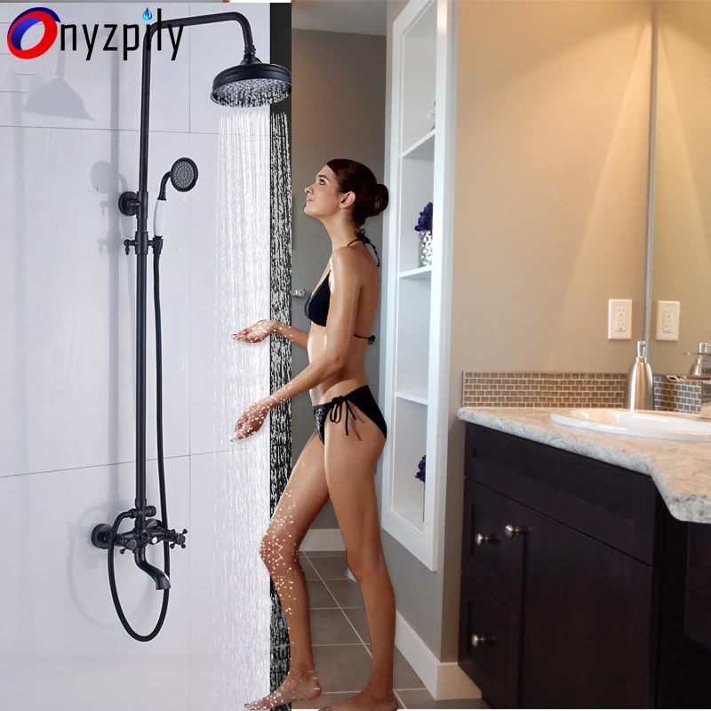 

8" Rainfall Shower Faucet Set Black Bronze Bathroom Bath Shower Mixer Taps Handshower Rotatable Lifting shower set torneiras