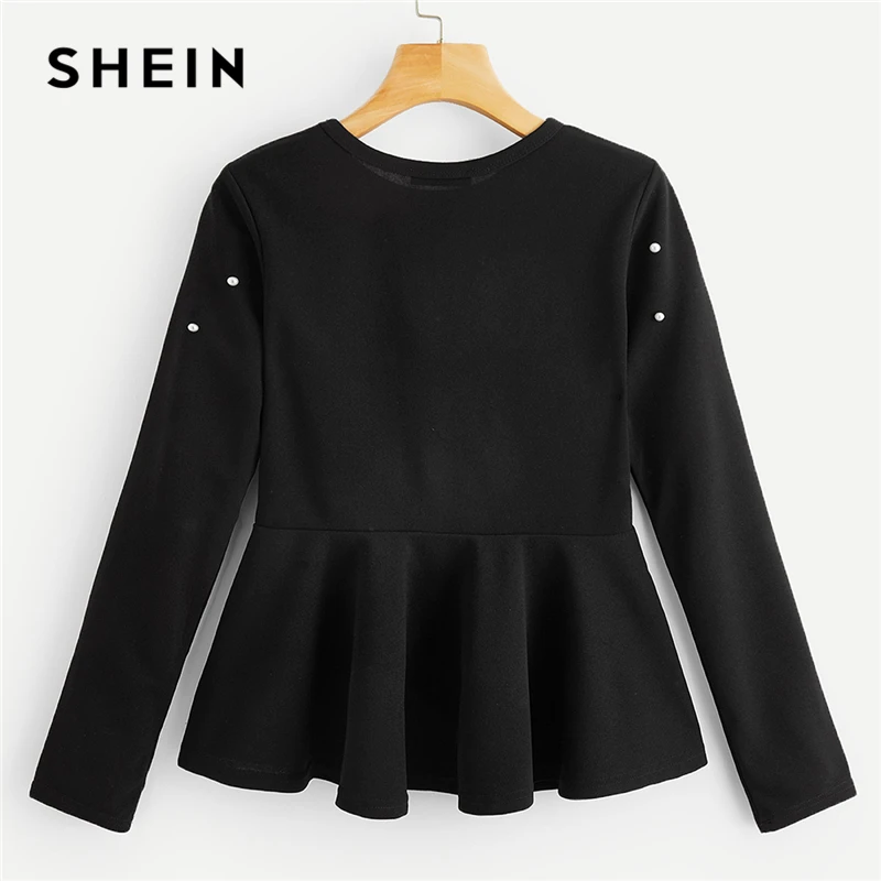 SHEIN Однотонная Блузка С Баской И Бусинами Нарядный Топ С Коротким Рукавом Офисный Топ С Отделкой