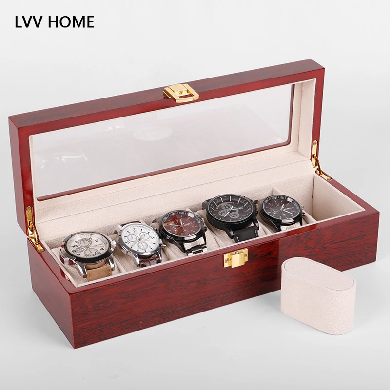 

LVV HOME piano paint wooden watch storage box/High light 6 grids transparent skylight jewelry boxes
