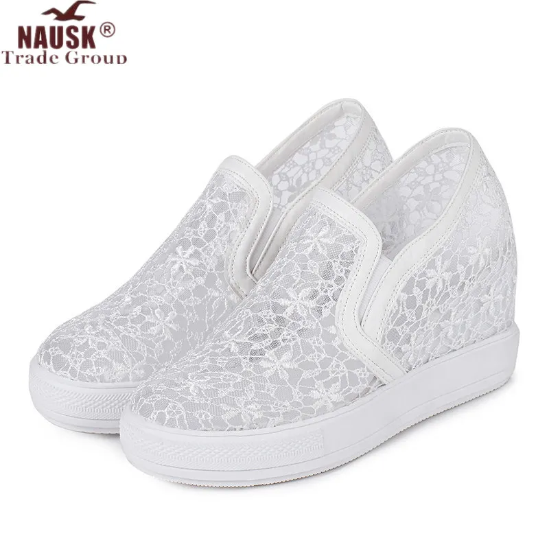 

NAUSK Women Casual Shoes Ladies Sneakers Cutouts Lace Breathable Platform Flat Shoes Woman Wedges Shoes Black White Pink