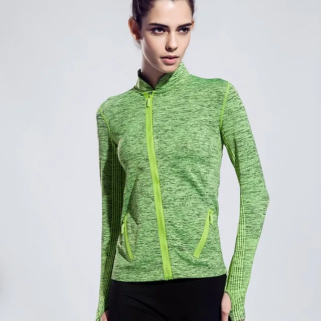 BESGO, новинка, Женская куртка для бега, длинный рукав, куртка для бега, для йоги, спортзала, фитнеса, обтягивающие топы, быстросохнущие, на молнии, спортивное компрессионное пальто - Цвет: Зеленый