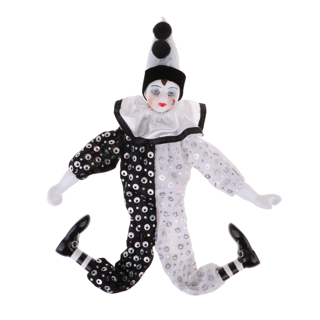 38cm Porcelain Hanging Foot Clown Doll Harlequin Doll Home Office Desk Shelf Display Ornaments Black & White