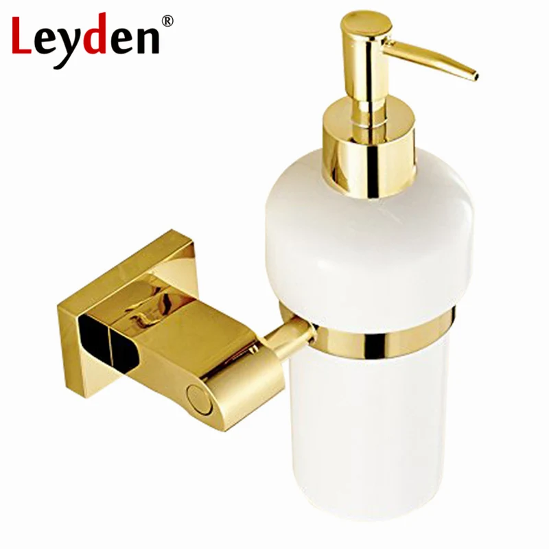 Leyden Golden Liquid Soap Dispenser With Ceramic Container/Bottle Wall Mounted Brass Soap Dispenser Set Bathroom Accessories