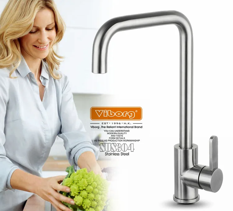 ФОТО VIBORG Deluxe Solid SUS304 Stainless Steel Casting Lead-free Kitchen Faucet Mixer Tap Cold and Hot Water satin nickel brushed