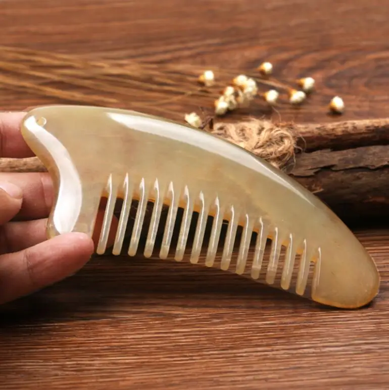Natural ox horn comb anti static hair loss white yellow horn comb