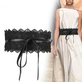 

Fashion Lace Soft Leather Belts Women Sweet Adjustable Elasticity Lace-up Belt Female Solid Decoration Wide Waist Belt For Lady