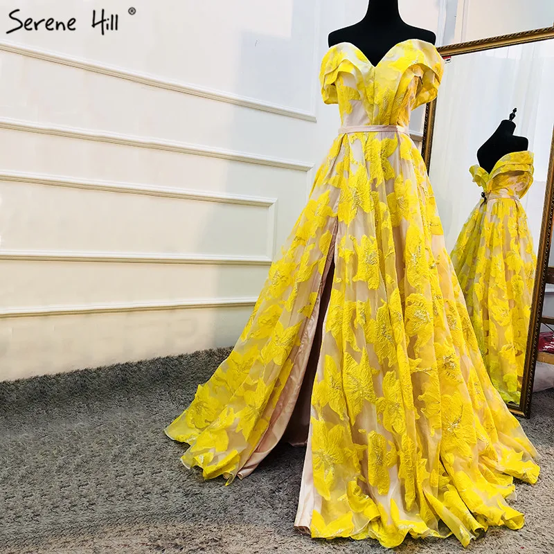 Желтые без рукавов с открытыми плечами Вечерние платья Новая мода сексуальные цветы Формальные Вечерние платья Serene Хилл BLA6597
