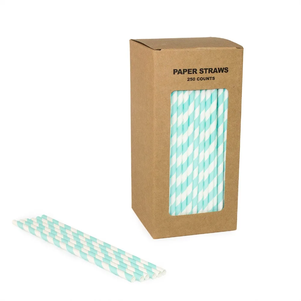 Free Shipping 100 Biodegradable Paper Straws Stripe Design Lt Blue And